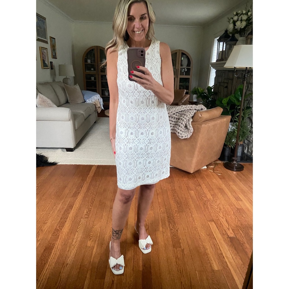 Timeless white crochet lace sheath dress, feminine summer chic, delicate Size 6